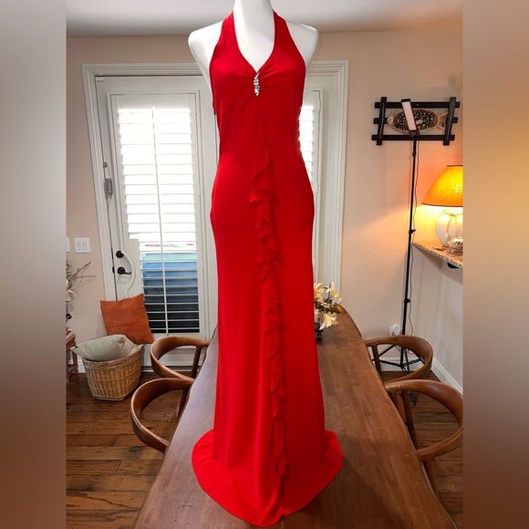 Vintage Bardelli Beverly Hills Red Halter Evening Gown M Made in USA Glamour - Picture 1 of 13